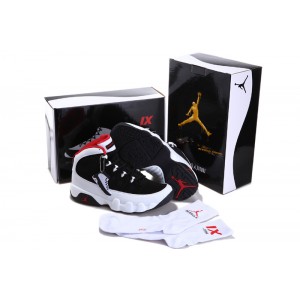 Jordan Retro 9 noir blanc rouge en daim